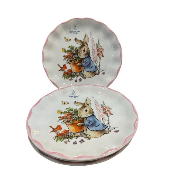 Beatrix Potter Peter Rabbit Easter Salad Plates Set of 4 Scalloped Pink Trim NEW - Picture 12 of 14